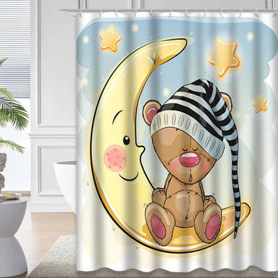 Cute Teddy Bear Sleeping Moon Baby Animals Shower Curtain with 12 Hooks