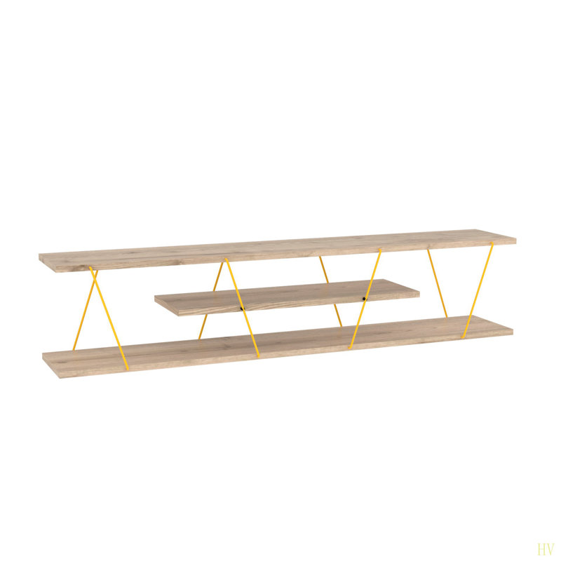 Meuble télé Mid-Century moderne avec 4 tablettes de rangement ouvertes, Bois de chêne