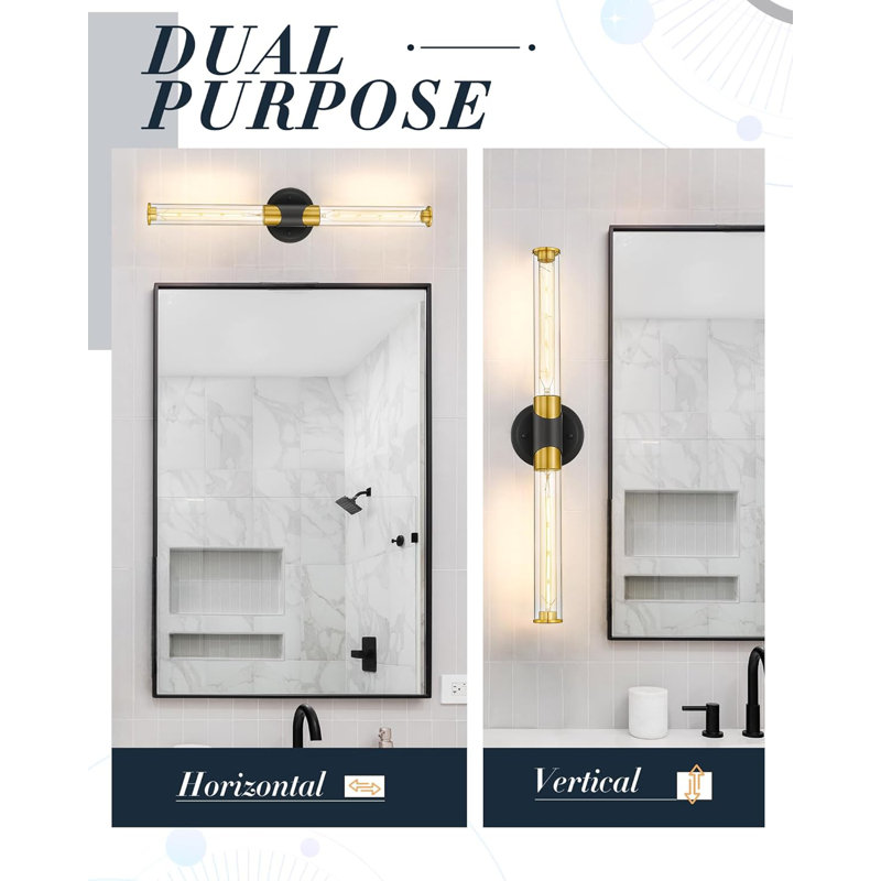 Applique murale industrielle - meuble-lavabo 2 lumières avec finition noire et dorée, fixation réglable pour salle de bain, chambre à coucher, cuisine, miroir, lampe cylindrique