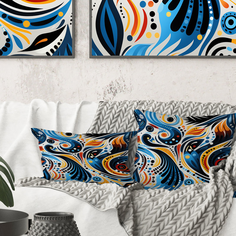 Blue and Orange Tribal Dreams I - Coussin décoratif imprimé, H 16 po x l 16 po