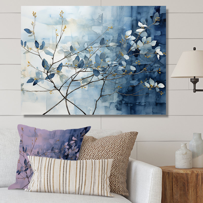 Art mural bleu et gris sur une branche I - Feuilles, H 34 po x l 44 po x P 1,5 po, Toile tendue