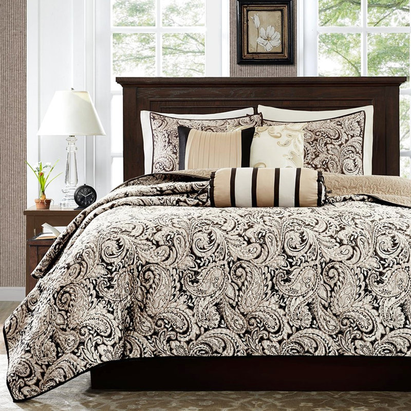 Courtepointe noire 6 pièces avec coussins décoratifs, courtepointe ensorcelante, envers en microfibre, rembourrage en coton pour la chaleur, broderie décorative, rembourrage gracieux lavable facile à nettoyer