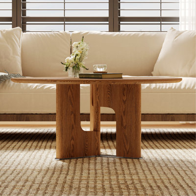 Table basse 31,5 pouces ronde en placage de bois de frêne rustique pour petit salon, peu encombrante et élégante
