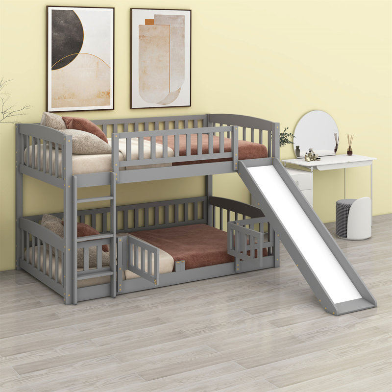 Low Bunk Beds, Kids Bunk Bed With Slide, Fence And Ladder, Wood Toddler Bunk Beds, Gray, Full over Full