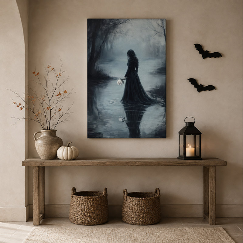 Art sur toile, "Femme en robe noire tenant une rose blanche en brume", H 40 po x l 28 po