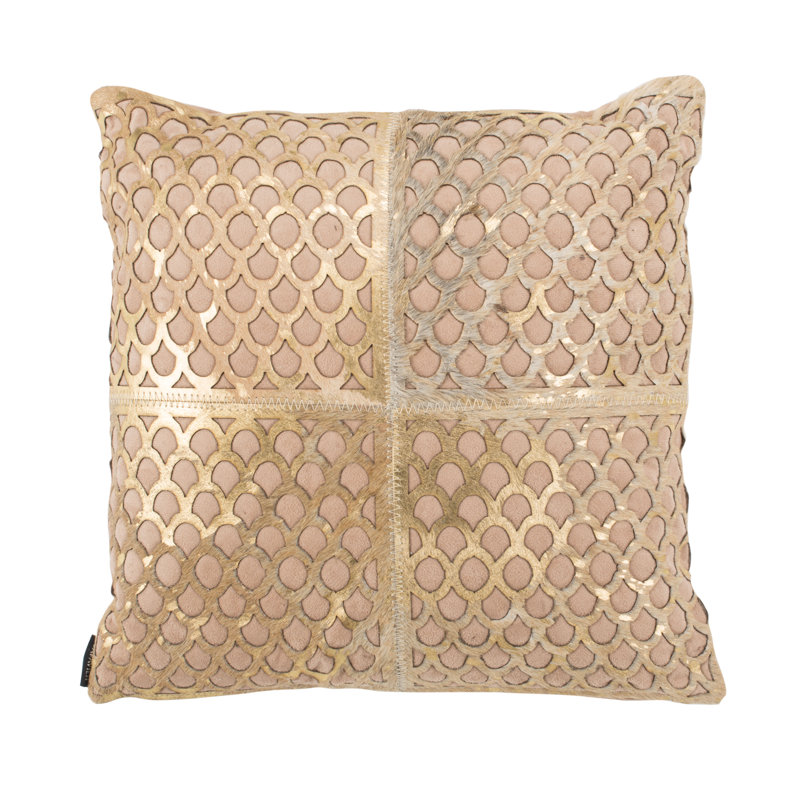 Beige and Gold Cowhide Square Throw Pillow