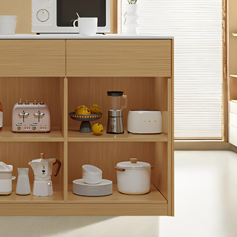 Kitchen Island with Sintered Stone Top, Solid Wood Frame, Drawer and Open Storage, Natural Wood