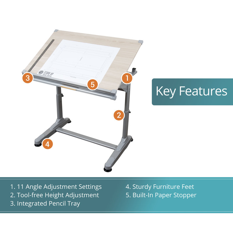 Adjustable Height Silver Frame Drafting Table with Birch Top