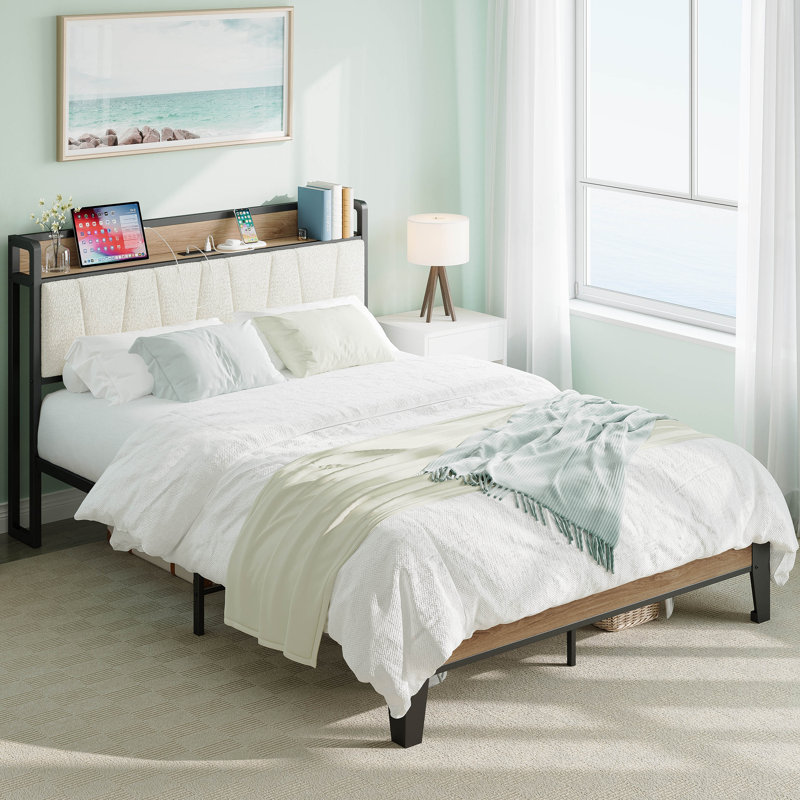 Platform Dangelo With Boucle Headboard, Storage Shelf And Built In Charging, Sturdy And Quiet, Queen