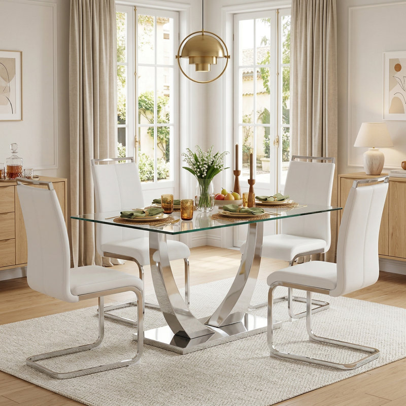 Seidel Modern Rectangular Tempered Glass Dining Set, Chrome Metal Pedestal with Upholstered Dining Chairs, White