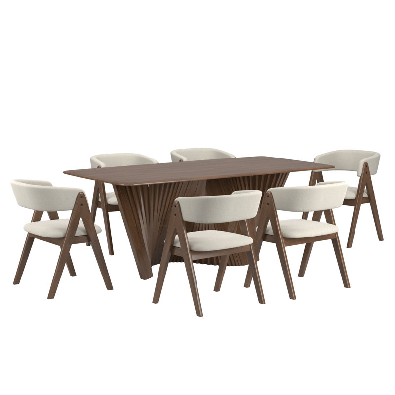 Arusha Wave Base Dining Table Set - Boucle Dining Chairs, 7-Piece Set, Dark Walnut