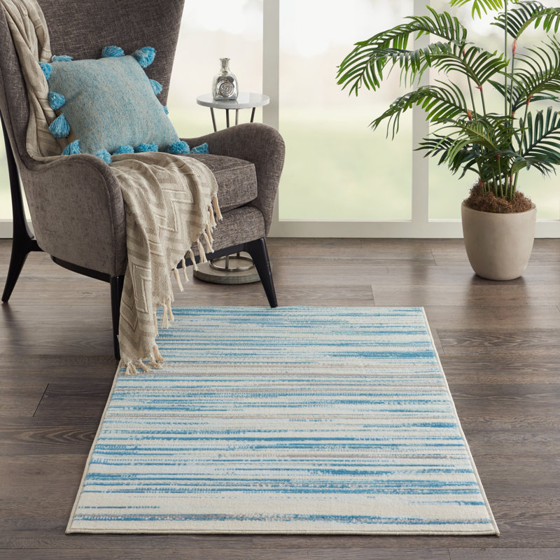 Tapis bleu abstrait tissé à la machine Poyen, Rectangle 7 pi x 10 pi