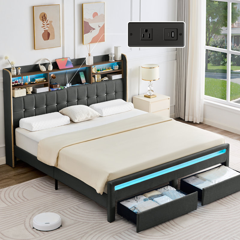 Lit plateforme tapissier en lin avec tête de lit, station de charge et tiroirs, Gris, Très grand lit