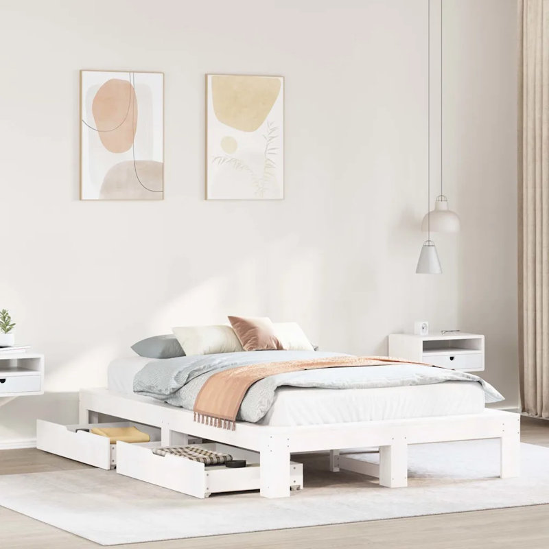 Anijah Solid Wood Bed, White, 221.5 x 221.5cm