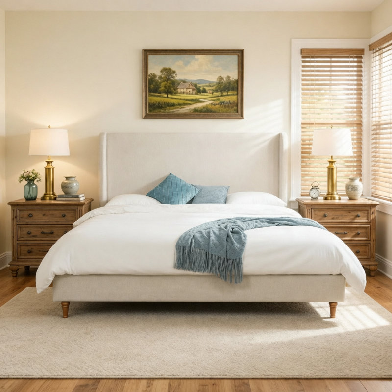 Très grand lit plateforme tapissier avec très grande tête de lit, conceptions minimalistes en chenille de qualité supérieure, lit plateforme simple de style rétro sans sommier, assemblage facile, ivoire