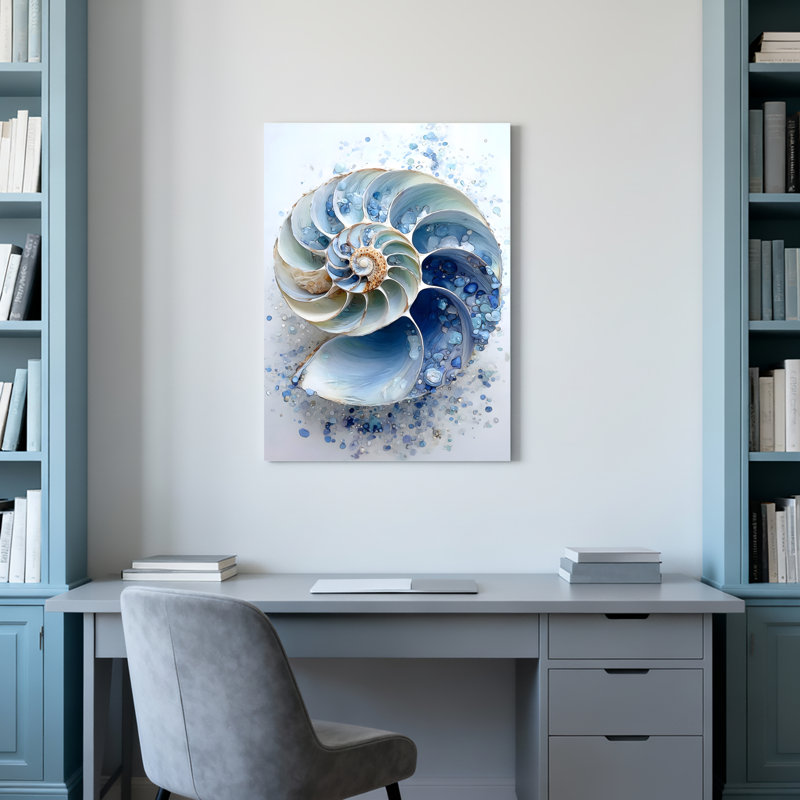 Ensemble de 1 tableau abstrait en toile bleue océan, représentant un coquillage de nautile, H 18 po x l 12 po