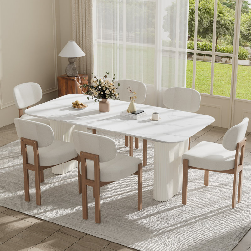Ensemble de table de salle à manger à double piédestal, 7 Pieces: Table, 6 Chairs, Beige, Black