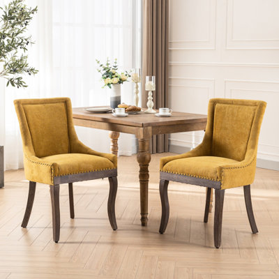 Chaises de salle à manger jaune doré, de 2, siège en tissu épais, pieds en bois massif, haut avec clous en bronze fascinants et 2 sièges, revêtement, base, pour une assise confortable