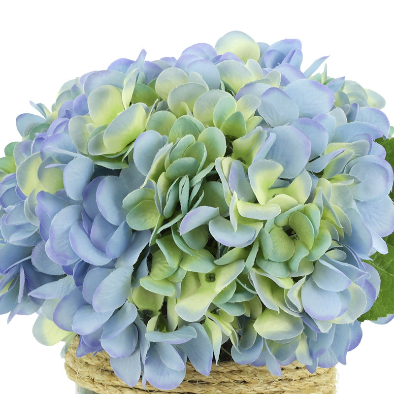 Sarina Hydrangea Floral Arrangement in Glass Vase with Moss, Light Blue/Yellow