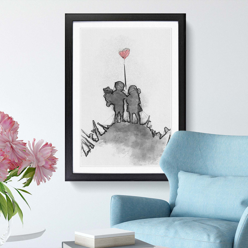 Boy & Girl with Red Balloon in Abstract - Picture Frame Painting Print, 36cm H x 27cm W x 2cm D, Black Framed