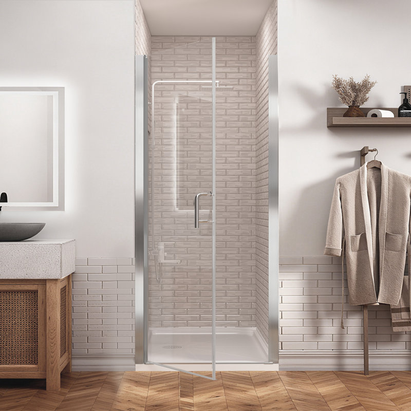 Porte de douche à charnière pivotante sans cadre en chrome avec verre transparent