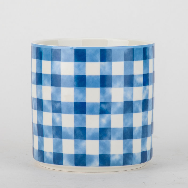 Pot à fleurs rond en porcelaine bleu à carreaux