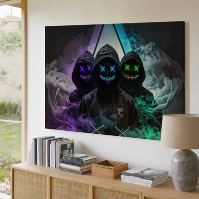 Neon Hooded Figures Cyberpunk Masked Trio In A World Of Canvas Wall Art Ready To Hang Gallery Wrapped Home Decor Premium Quality Decor