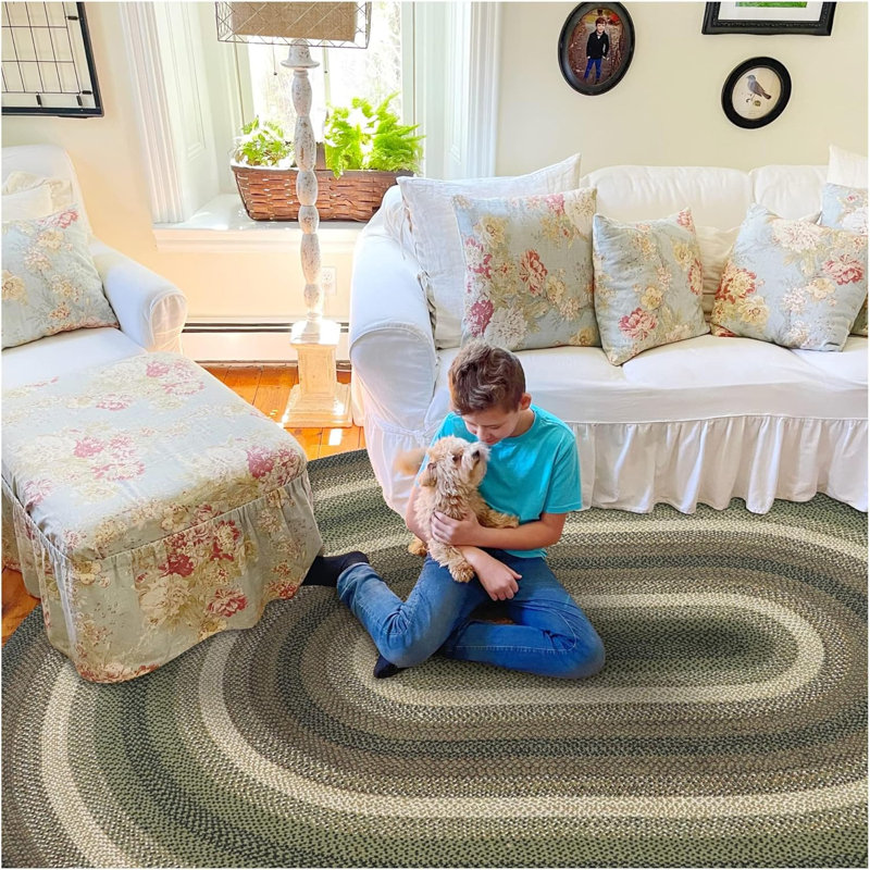Damiesha Braided Jute Non Shedding Reversible Primitive Green Rug, Oval 6' x 9'