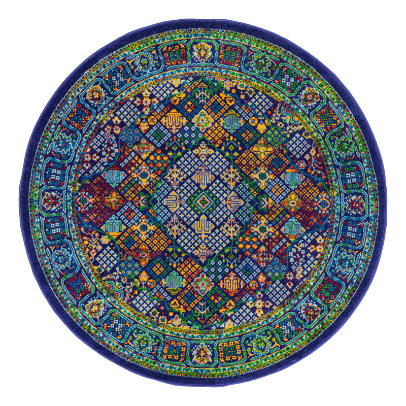 Tapis ovale ovale bleu marine / bleu / jaune Keyport, Rond 5 pi 3 po