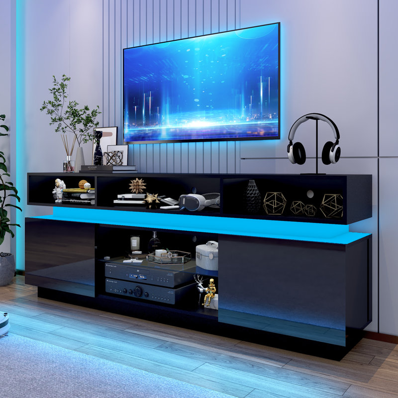 71 Inch High Gloss LED TV Stand with Power Outlets, Modern Tall Entertainment Center for TVs Up to 80 Inch, Gaming Media Console for Living Room