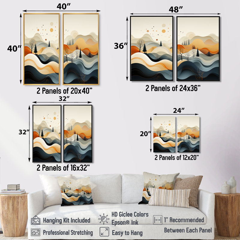 Bleu sarcelle, art au trait, paysage abstrait - art au trait abstrait, art mural, 2 panneaux, 40" H x 40" W, Brown