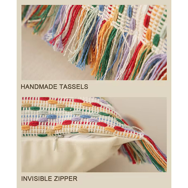 Multicolor Cotton Jacquard Striped Fringe Pillow Cover 18" x 18"