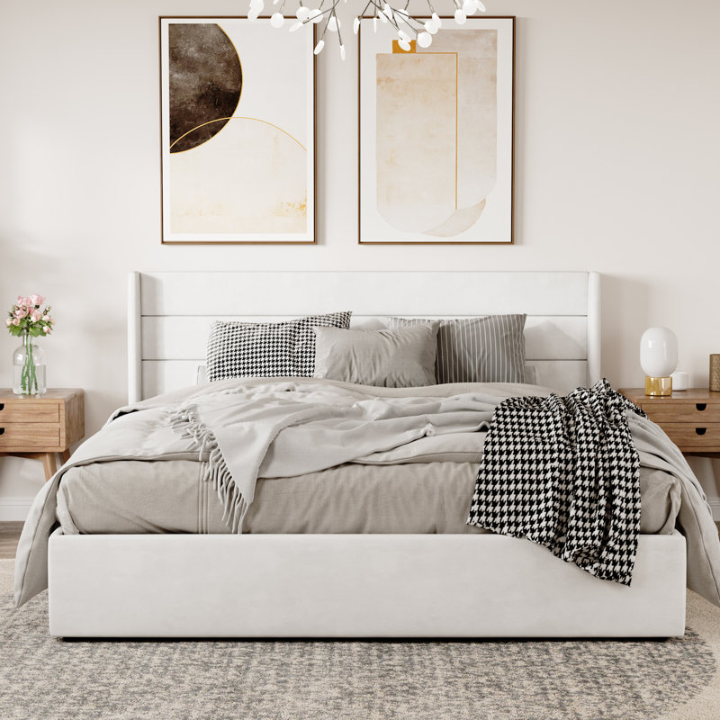 Braya Hydraulic Lift Up Storage Upholstered Platform Bed, King, White Velvet