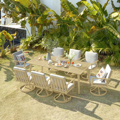 Ensemble de salle à manger d'extérieur, ensemble de salle à manger pivotant en aluminium avec trou pour parasol, rotation à 360°, chaises et table pivotantes pour terrasse, jardin, cour, bois d'érable