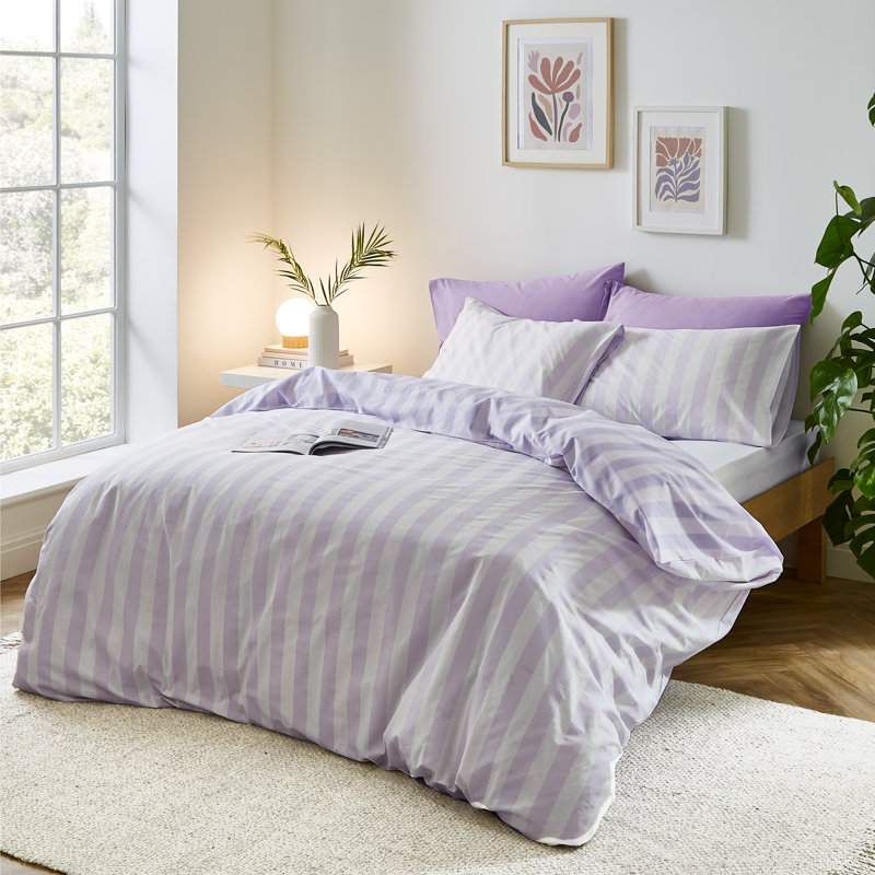 Stripe Tease Reversible Duvet Cover Set with Pillowcases, King Duvet Cover + 2 Standard Pillowcases, White/Pink
