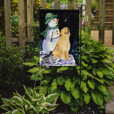 Drapeau de jardin Balin Golden Retriever avec bonhomme de neige au chapeau vert
