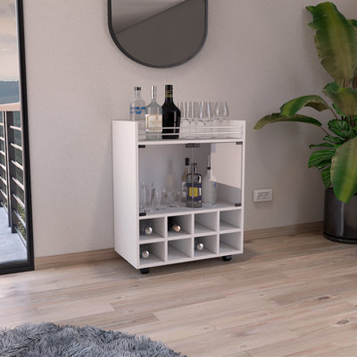 Chariot-bar St Andrews avec support intégré pour 8 bouteilles, armoire à double porte vitrée et surface supérieure bordée d'aluminium