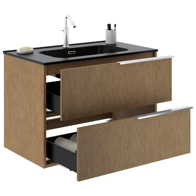 Meuble-lavabo mural simple cannelé 32 po avec plateau en céramique et poignées Nora Art, Argent