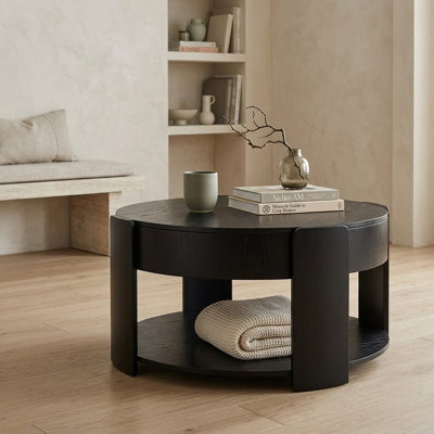 Round Lift-Top Coffee Table, Divided Hidden Storage and Open Shelf, Modern Farmhouse, Living Room