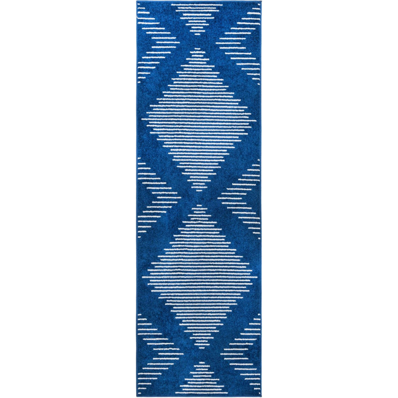 Tapis géométrique bleu marine en polypropylène tissé à la machine, Tapis de couloir 2 pi 7 po x 8 pi