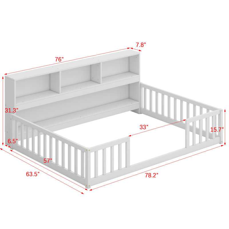 Floor Bed With Side Bookcase,Shelves,Guardrails, White