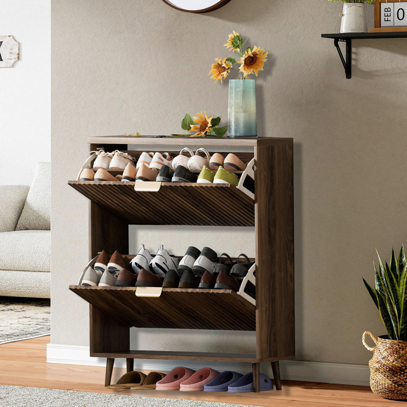 Armoire à chaussures mince avec tiroirs rabattables, Walnut