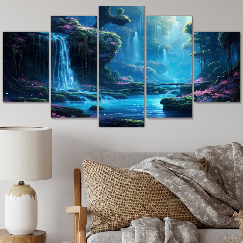 «Blue Green Calming Waterfall - Lakes & Rivers», impression murale - 5 panneaux