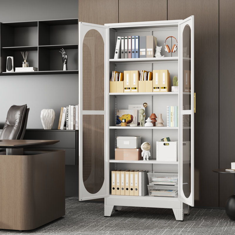 75"H Tall Display Cabinet with Glass Doors and 4 Adjustable Shelves, White