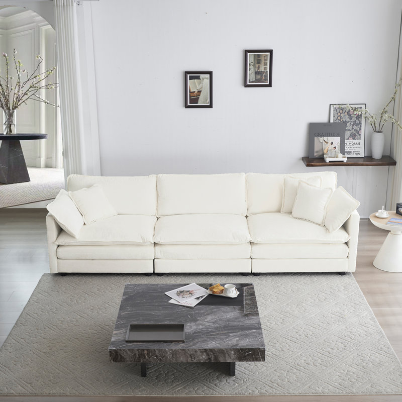 Canapé 3 places avec 2 accoudoirs et 3 coussins décoratifs, canapé pour salon Mid-Century, Blanc