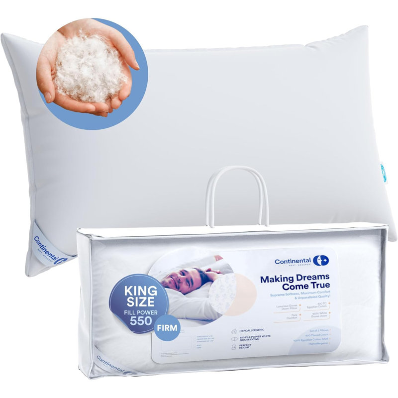 Continental Bedding 550FP Firm Down Pillow, 1-Pack, 550FP, 75% Down 25% Feather, 400TC 100% Cotton Shell, King