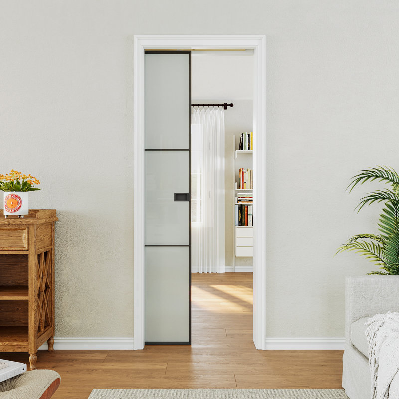Porte coulissante à galandage 32 x 80 cm en aluminium noir avec cadre, serrure et fermeture amortie, porte à galandage 3 battants en verre trempé dépoli, porte en métal finition noire, porte de chambre, porte de chambre moderne haut de gamme