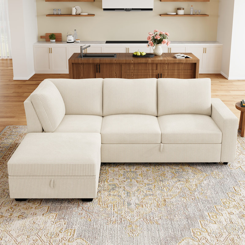 Brunella Upholstered Corduroy Sectional Sofa Bed Beige, 35" H x 87" W x 59.8" D, Beige Corduroy