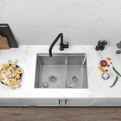 Undermount 25 inch Stainless Steel Double Bowl Workstation Kitchen Sink with Black Accessories