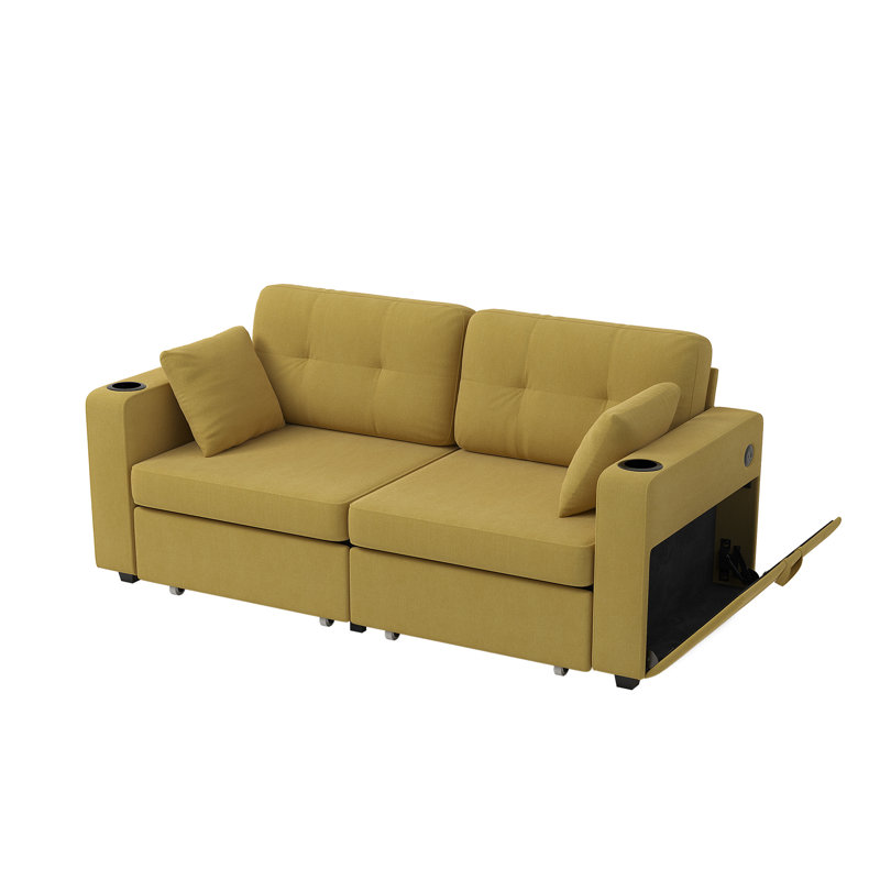 68'' Chenille Sofa With Multi-Functional Armrests, Yellow